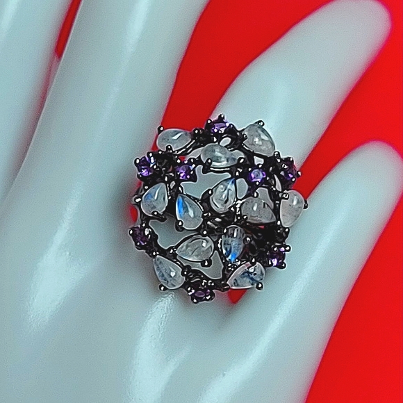 Natural Moonstone & Amethyst 925 Sterling Silver Ring Sz 7 - Picture 7 of 8